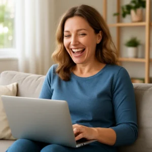 Happy mom with laptop